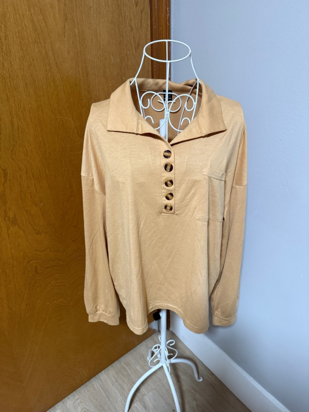 SHEIN Button-Front Long-Sleeve Top in Camel